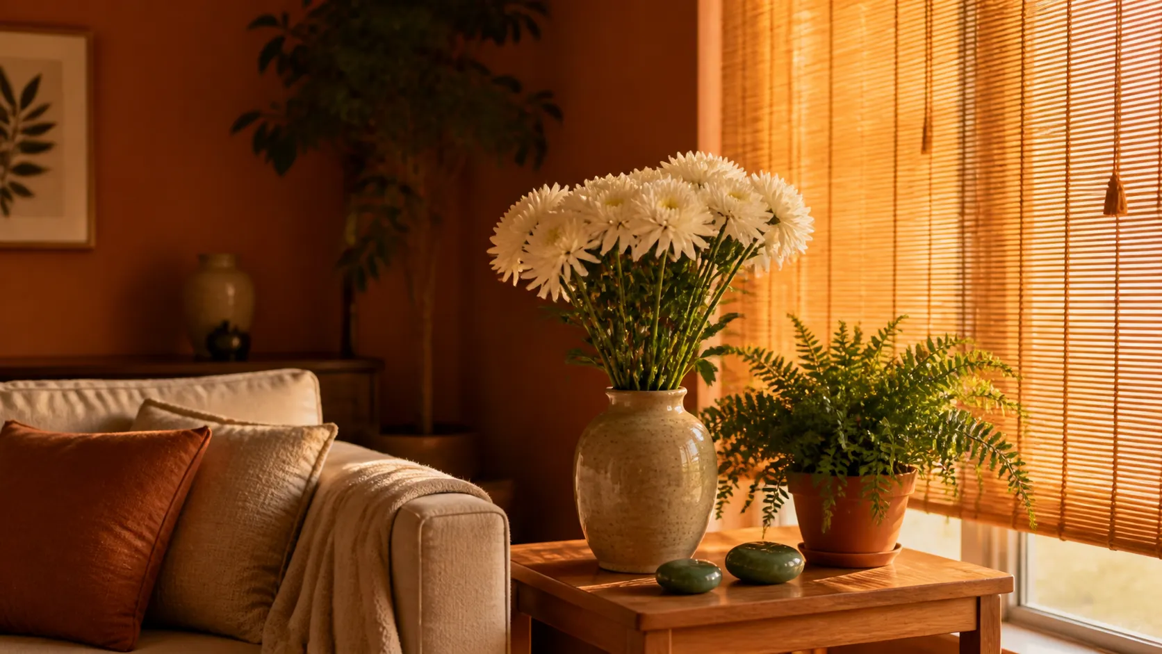 A feng shui-aligned home interior for the Earth Rabbit — warm earth tones, natural materials, and chrysanthemum energy
