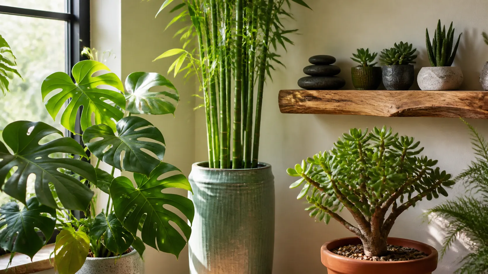 A Wood-element home study — the ideal feng shui space for the 1944 Wood Monkey, filled with bamboo, plants, and natural wood energy