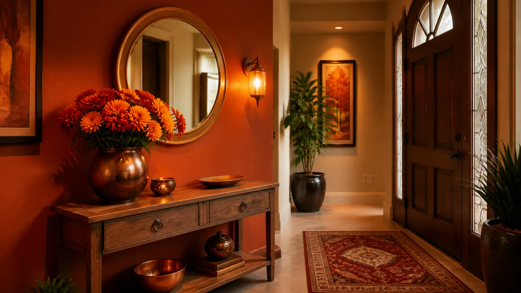 Warm inviting feng shui home entrance for the 1946 Fire Dog